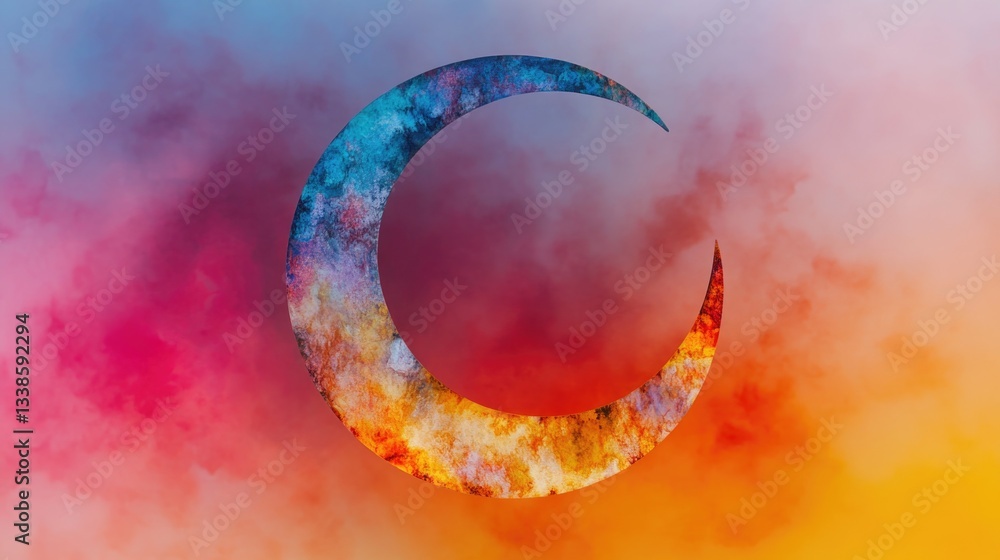Poster A crescent shaped object in a colorful cloud-filled sky, perfect for use in astronomy or nature-themed projects