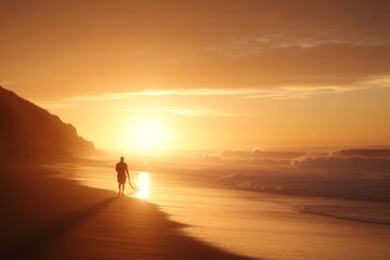Silhouette of a person walking along a beach during a stunning sunset in a coastal setting