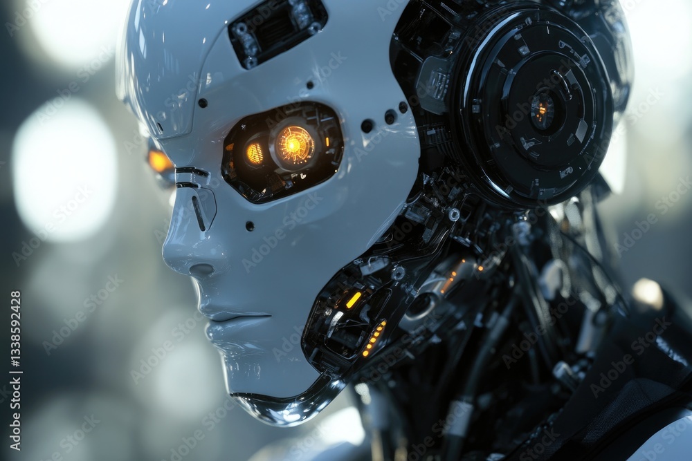 Poster a close-up shot of a robot's head with glowing eyes, great for sci-fi and technology concepts
