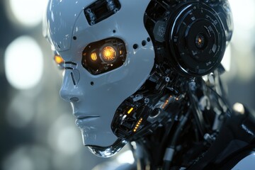 Fototapeta premium A close-up shot of a robot's head with glowing eyes, great for sci-fi and technology concepts