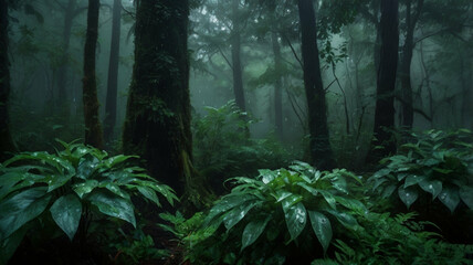 Raindrops on dark deep green foliage