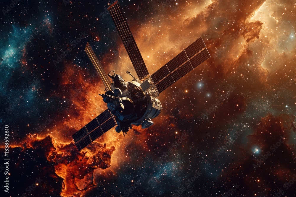 Wall mural space station in the vastness of space, suitable for science fiction or futuristic backgrounds