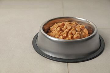 Wet pet food in feeding bowl on floor, space for text