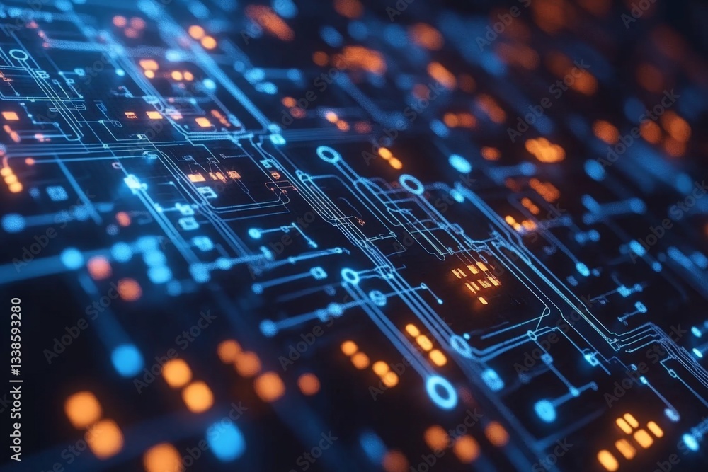 Aufkleber Colorful circuit board close-up displaying intricate electronic pathways and connections in a modern technology environment