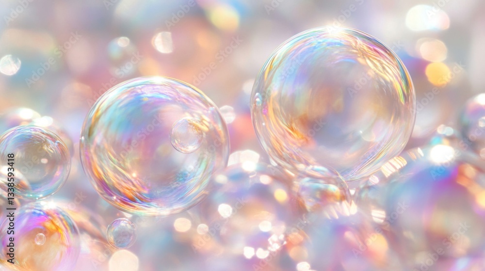 Poster iridescent soap bubbles floating in a soft light