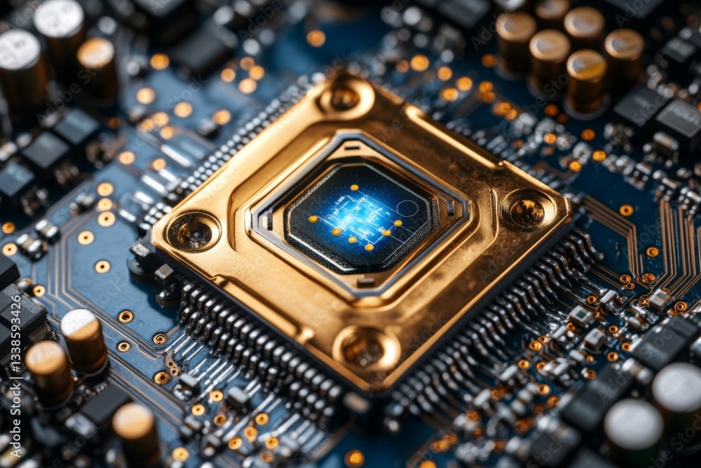 Poster close-up of a modern microchip showcasing advanced technology and intricate design in a high-tech se