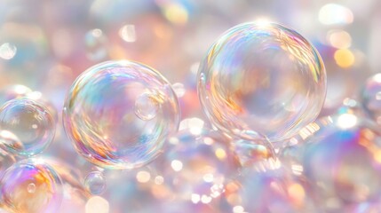Iridescent soap bubbles floating in a soft light