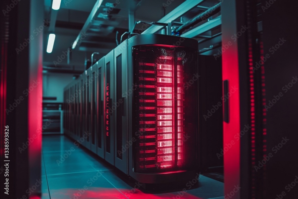 Poster modern data center with illuminated server rack showcasing advanced technology at night