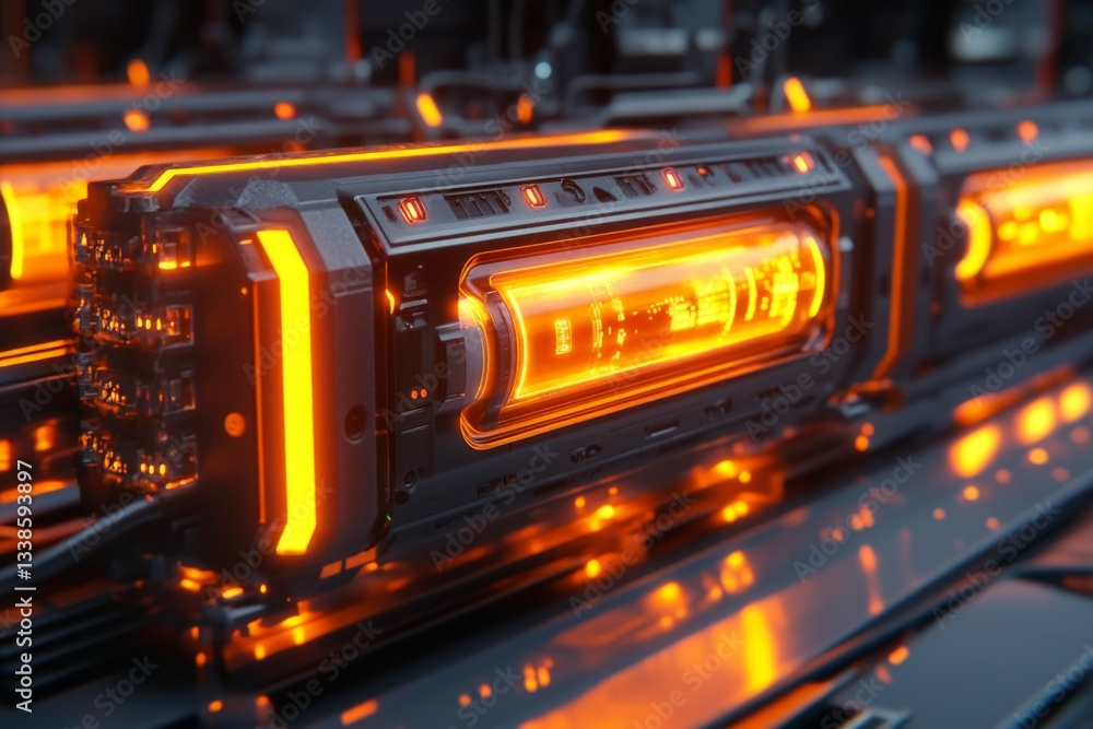 Poster futuristic technology with glowing orange elements in a high-tech environment