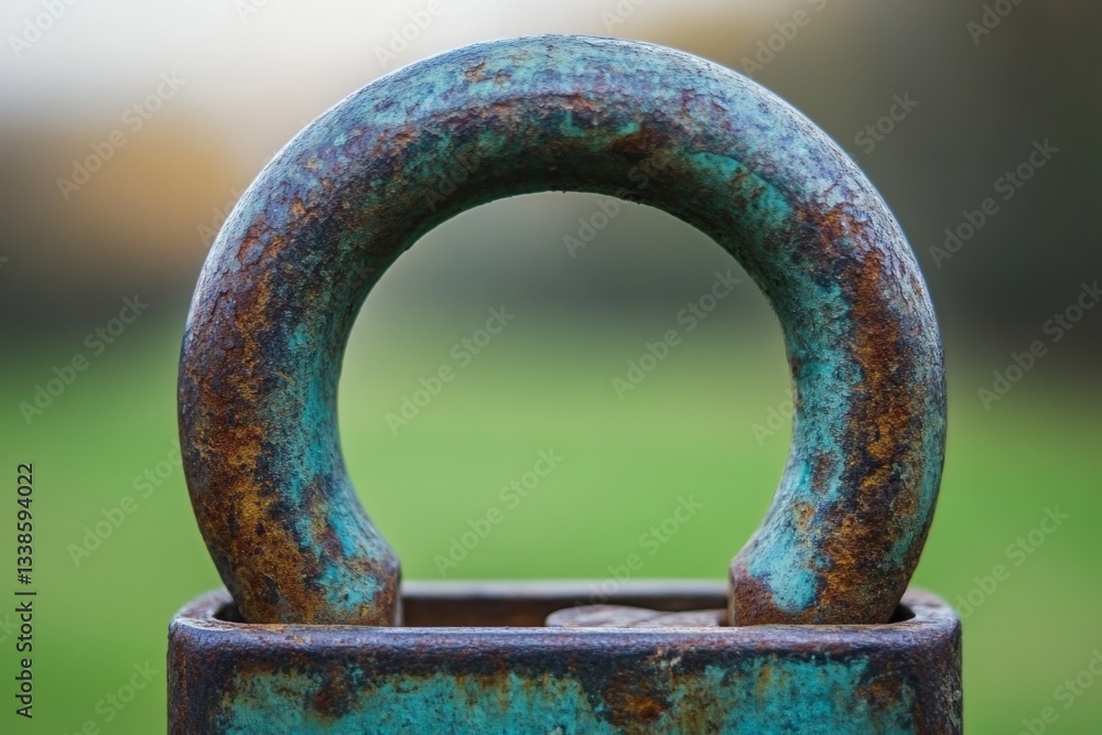 Aufkleber old padlock with a patina finish resting on a grassy field during twilight