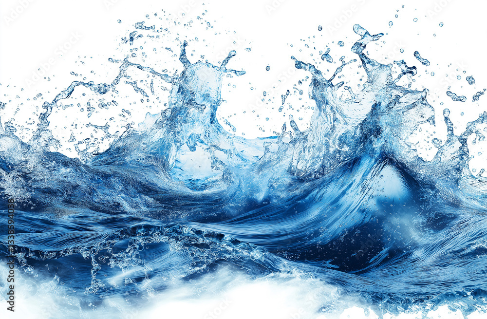 Poster a high-resolution, hyper-realistic water splash with a simple blue wave line, isolated on a white ba