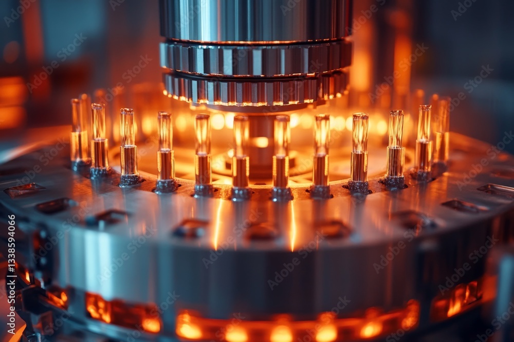 Fototapete precision machinery operates in a lab setting to process glass vials under intense illumination