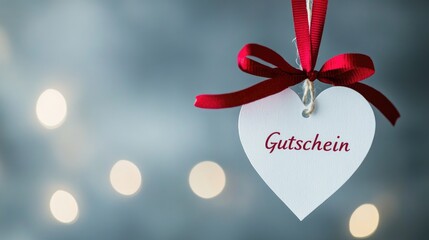 hanging paper gift voucher in form of heart with red bow