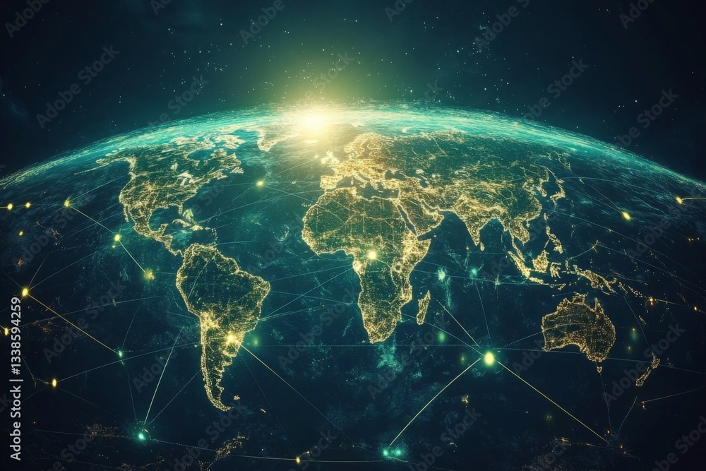 Poster global network of illuminated cities viewed from space with glowing connections across continents