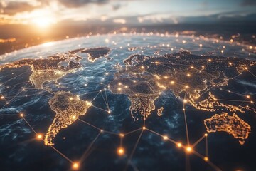 Global network connections illuminated over the earth's surface at sunset