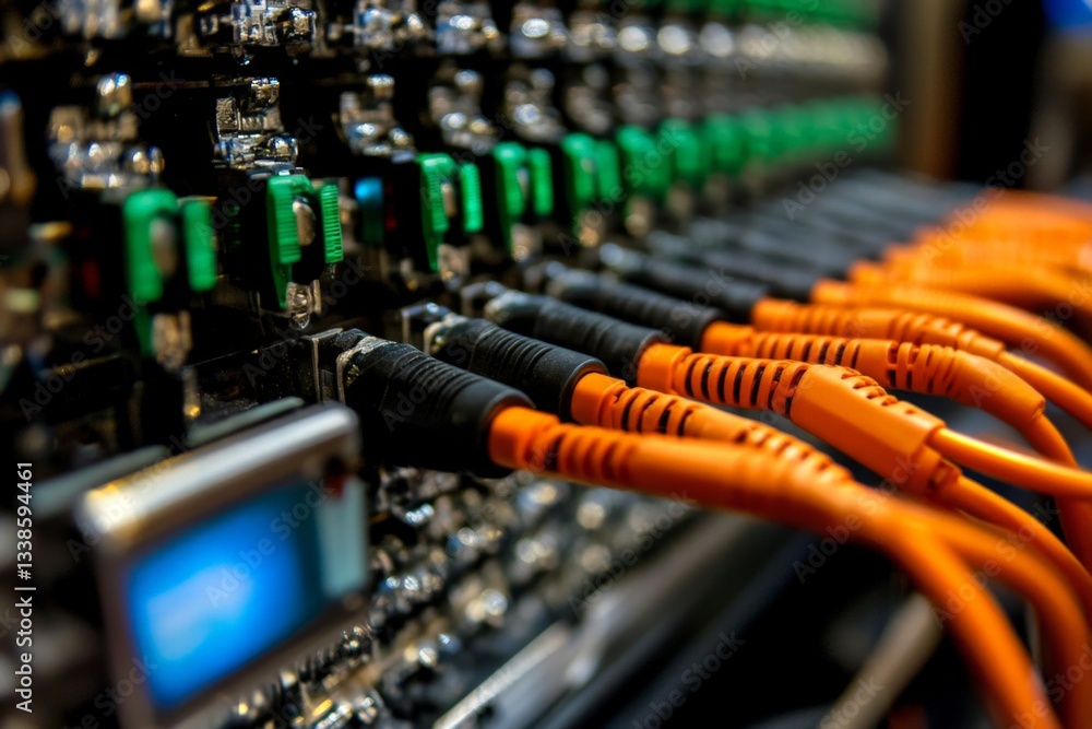 Aufkleber network connections in a modern data center showing orange cables and patch panels