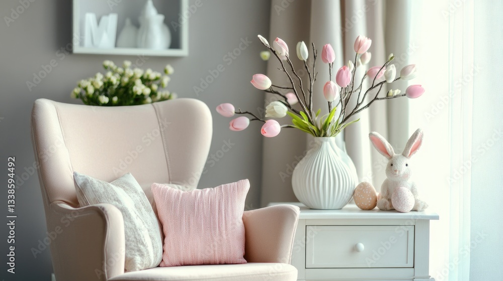 Poster a single white chair with a pink pillow and a vase of flowers, perfect for decorating or using as a 