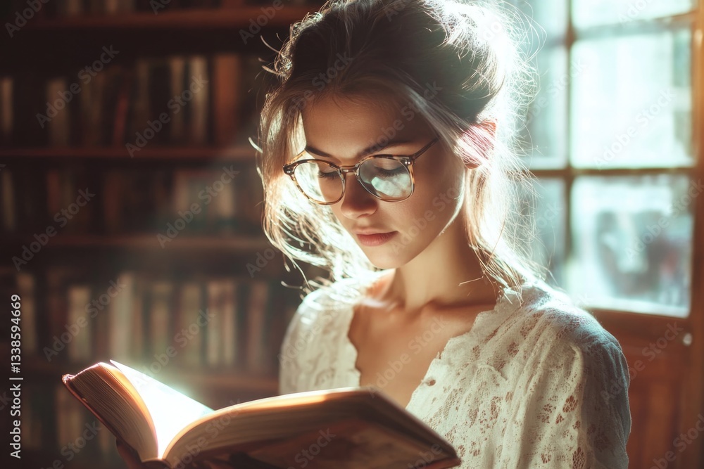Poster A person studying in a quiet library setting with a book and possibly learning or relaxing
