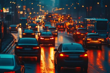 Rush hour traffic creates a glow on wet streets during twilight in an urban setting