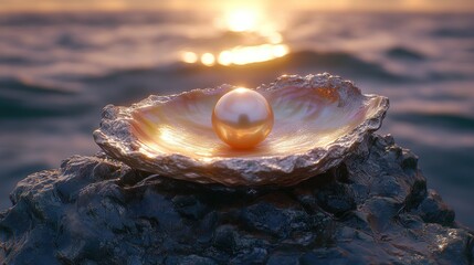 Sunrise illuminates a pearl nestled in an iridescent oyster shell atop a dark rock, ocean backdrop