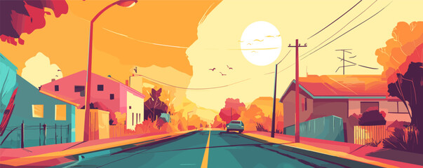 Colorful urban street at sunset with car and vibrant autumnal foliage.