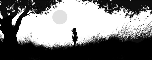 Silhouette of girl on hill at sunset with trees and grass in black and white minimalist art.