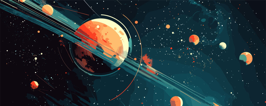 Colorful abstract illustration of planetary system with rings and stars.