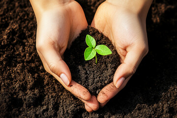 Hands holding soil with a small green seedling, symbolizing growth and sustainability