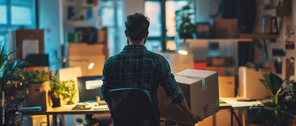 Poster A person sits at a desk with a box in front of them, potentially preparing for a delivery or inventory task