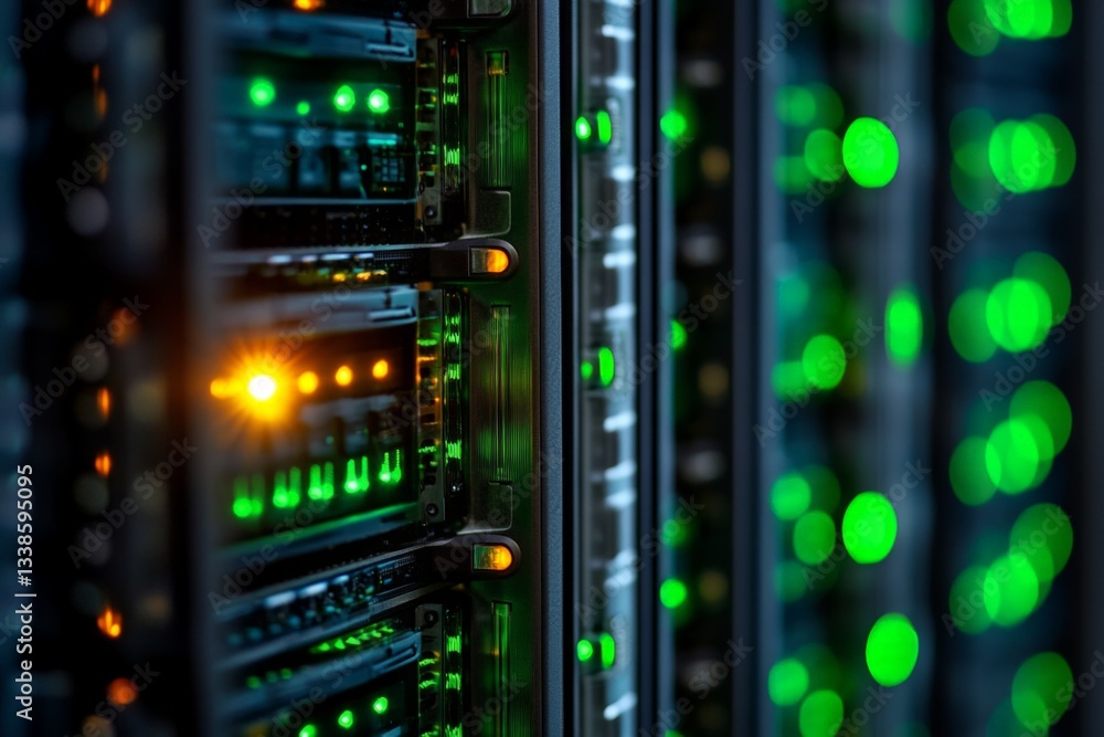 Poster high-tech server room featuring illuminated servers and glowing indicators during nighttime operatio
