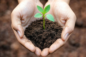 Hands holding soil with a small green seedling, symbolizing growth and sustainability