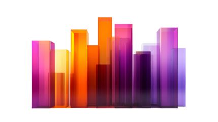 Colorful 3D bar graph, statistical data visualization in vibrant purple and orange, ideal for presentations, Transparent Background PNG
