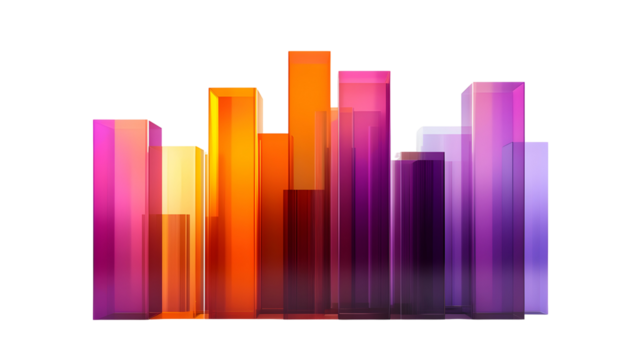 Colorful 3D bar graph, statistical data visualization in vibrant purple and orange, ideal for presentations, Transparent Background PNG