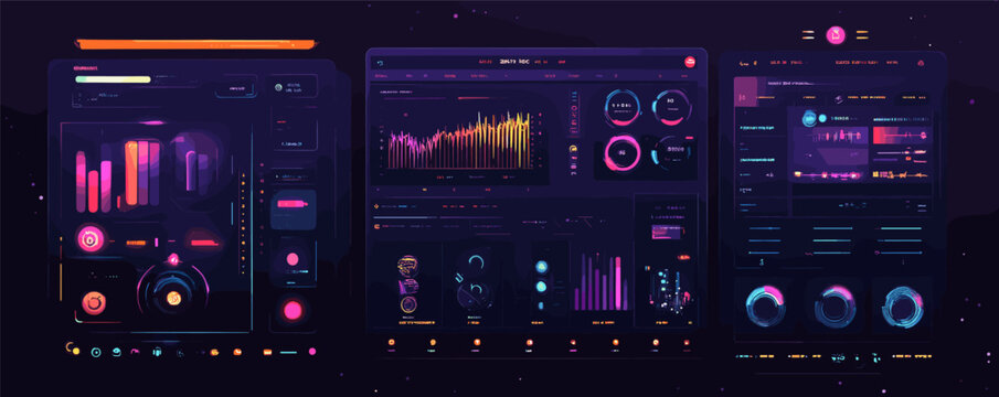 Futuristic dark mode ui dashboard with neon graphics and interactive data visualizations.