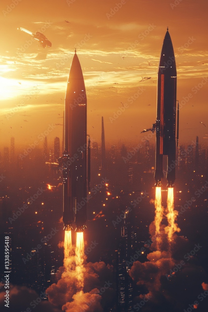 Poster aerial view of rockets soaring above urban landscape, great for science and technology concepts or f