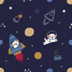 Cute cartoon dog in space - vector illustration. Collection of dogs astronauts on rockets, ufo, planets and stars. Space adventure - seamless pattern