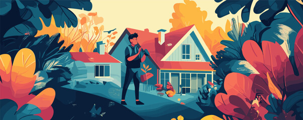 Man gardening in vibrant autumn scene with colorful leaves and birds in a serene backyard.