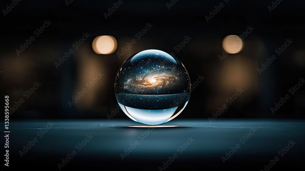 Poster surrealist art abstract background concept. a crystal ball showcasing a galaxy through its transpare