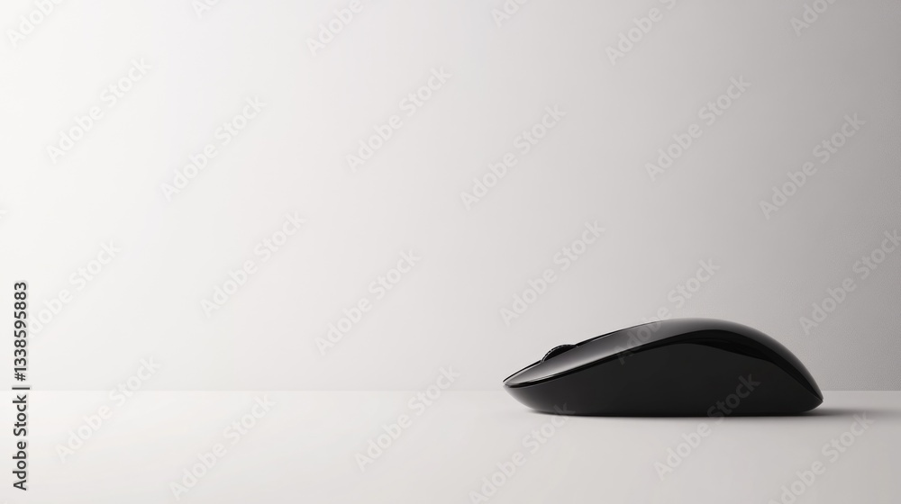 Poster A single black computer mouse sitting on a white surface, ready for use