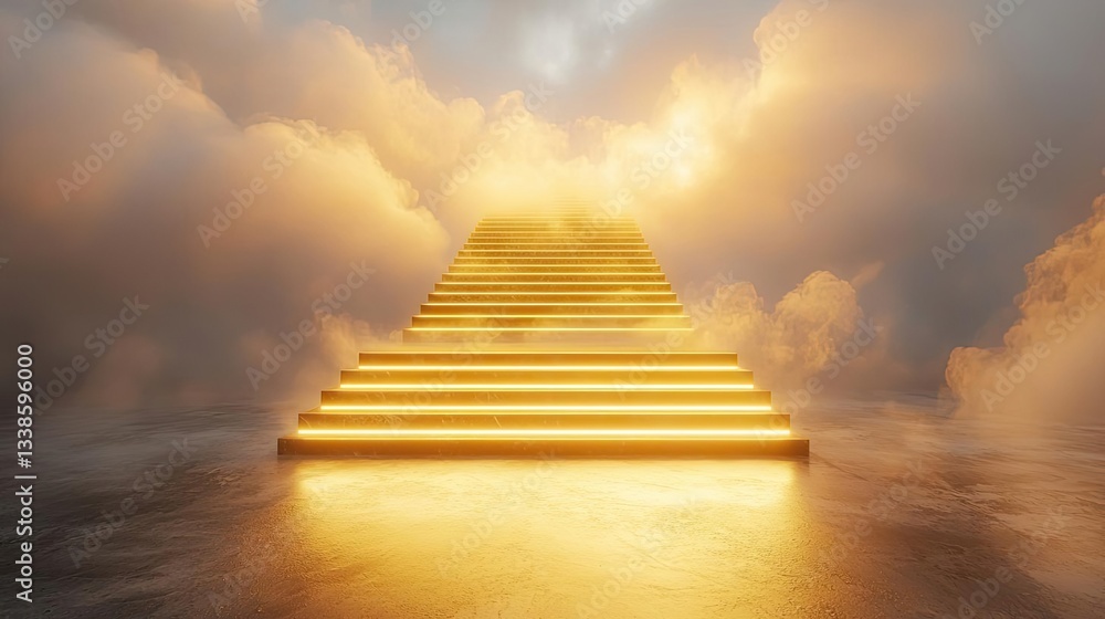 Poster Surrealist art abstract background concept. A mesmerizing pathway of illuminated stairs leading to the clouds above.