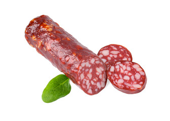 Delicious dry cured sausage and spinach isolated on white, top view