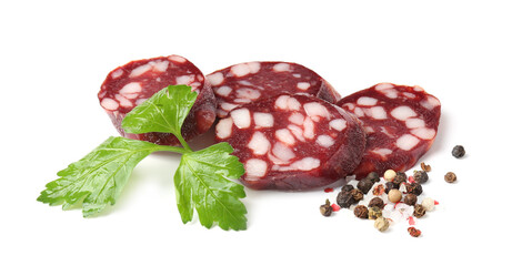 Pieces of delicious dry cured sausage and spices isolated on white