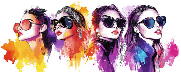 Stylish women in sunglasses: artistic portraits with colorful watercolor backgrounds.