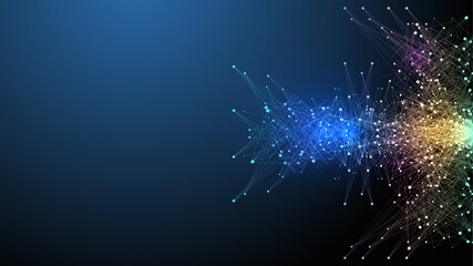 Scientific vector illustration quantum computer technology. Plexus fiction effect. Deep learning artificial intelligence. Big data algorithms visualization. Quantum explosion background.