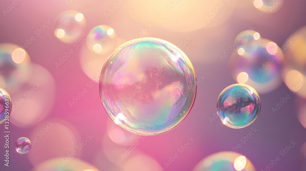 Poster iridescent soap bubbles float on a pink background