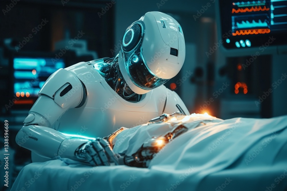 Poster advanced robot performs surgery in a high-tech operating room during a futuristic medical procedure