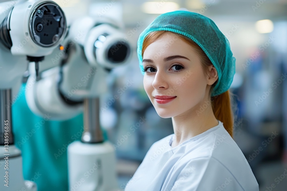 Poster laboratory assistant smiles while working with advanced robotic technology in a modern medical facil