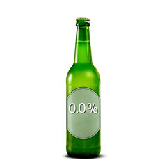 Alcohol free beer bottle with 0.0% label isolated from background