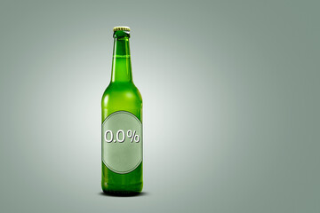 Alcohol free beer bottle with 0.0% label on neutral background