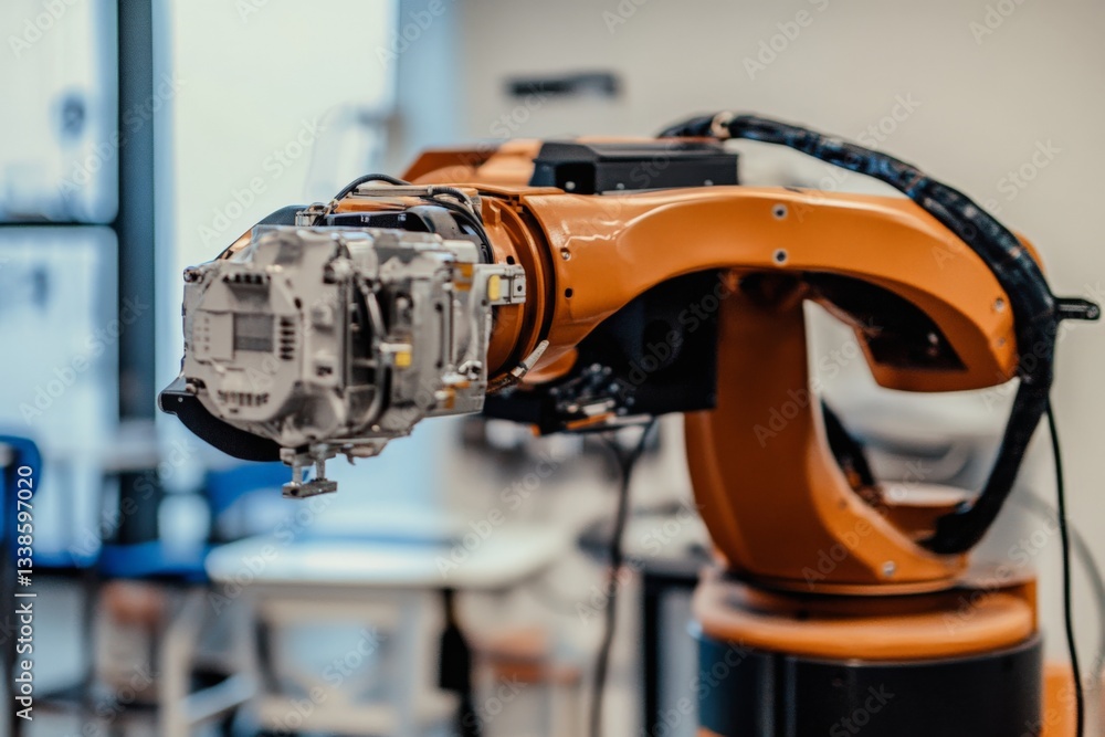 Poster Advanced robotic arm equipped with precision tool in laboratory setting showcasing automation technology
